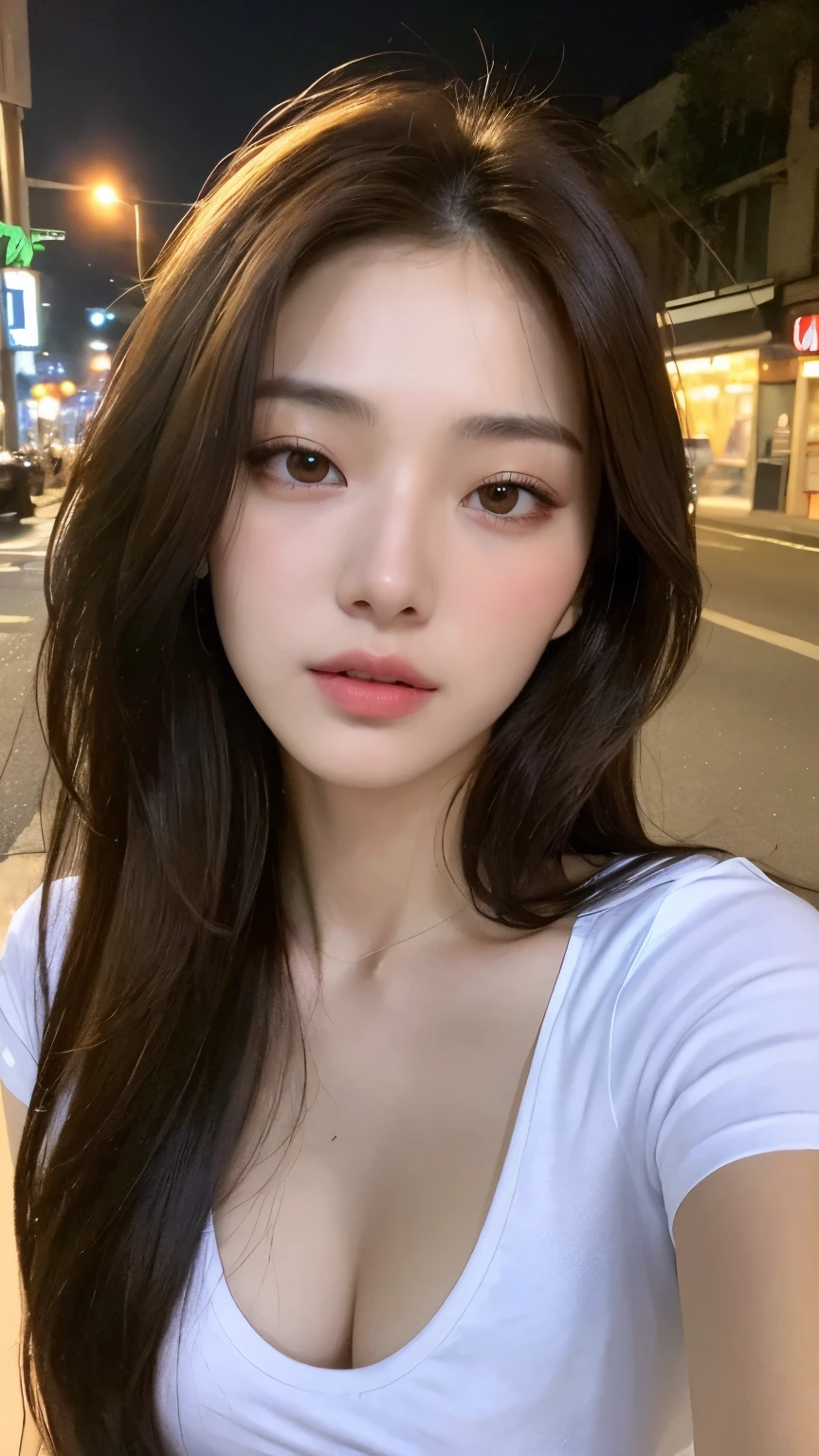 ((top-quality、8k、​masterpiece：1.3))、Crisp focus：1.2、Beautiful Women in Perfect Style：1.4、Slender abs：1.2、((Dark brown hair、huge tit：1.2))、(White button-up long shirt:1.1)、Street:1.2、Highly detailed facial and skin texture、A detailed eye、