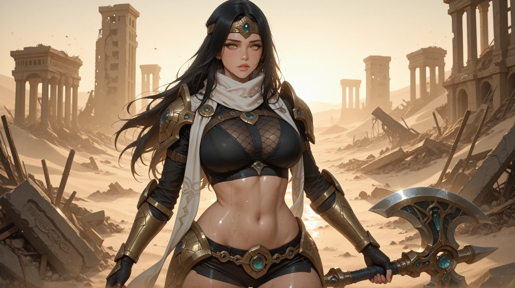 ((Full body photo)) ((Laura/woman, big breasts, {black+part gold+red parts/Spartan warrior costume/extremely short and tight on body}, {very white and pale skin}, lots of tattoos on body and face)), looking at the viewer with angry eyes, smile. Background macabre marble temple with cemetery attached and blood stains on the walls. ((She has {black mohawk hair}, {green eyes}, Spartan weapons)). God of War, high detail, anime, 16k, UHD, retina, retina, ccurate, anatomically correct, textured skin, super detail, high quality, award winning