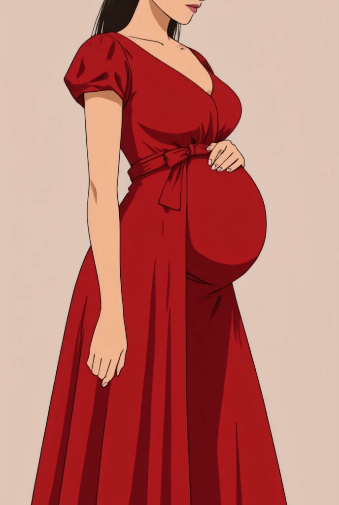 Pregnant girl. The girl had blonde hair with a wolf cut and brown hair. The girl looks very beautiful and cool. The girl's body is ideal. The girl was wearing a formal red shirt. The girl smiled faintly, her gaze sharp. The girl held her stomach gracefully. The girl is 7 months pregnant.