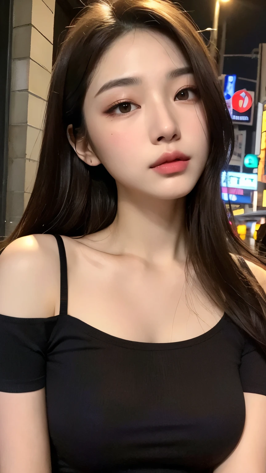 ((Realistic lighting, Best quality, 8K, Masterpiece: 1.3)), Clear focus: 1.2, 1girl, Perfect Figure: 1.4, Slim Abs: 1.1, ((Dark brown hair)), (White crop top: 1.4), (Outdoor, Night: 1.1), City streets, Super fine face, Fine eyes, Double eyelids,