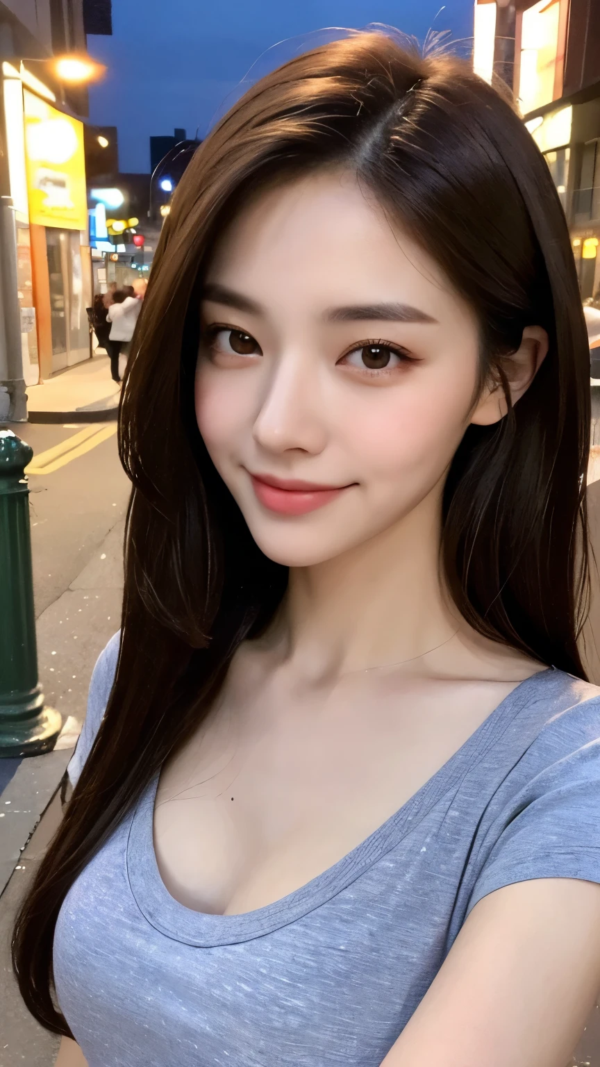 ((Best Quality, 8K, Masterpiece: 1.3)), Upper Body (1.3), Colossal (5), Outstanding Style, Gentle Face, Parallel Eyebrows, Smile, Natural Makeup, Clothes that emphasize cleavage, Refreshing, Eat lunch at a café in the sun through the trees in the city