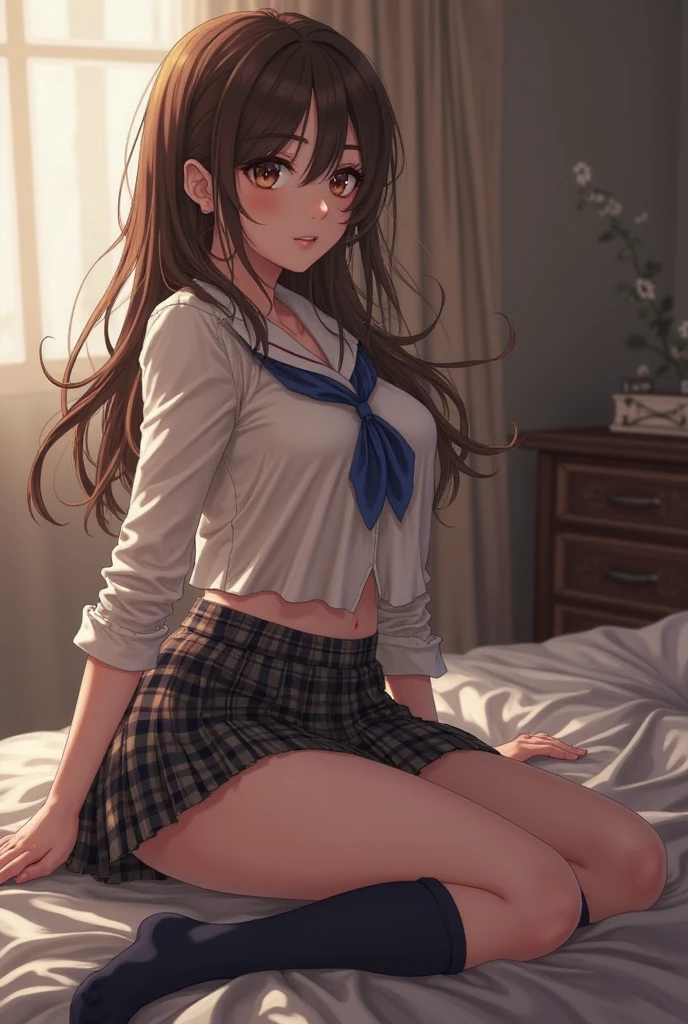 un cuarto, Feminine decoration, Una mujer, hermoso, sexy, pechos medianos, Caderas anchas, small waist, piernas bien formadas, muslos perfectos, shy, rubor, sensible, mirando al espectador, uniforme escolar, minifalda a cuadros, blusa, traslucent blusa, wet blusa, open blusa, taking off her blusa, blusa desabrochado, blusa, desabrochado, Sudor y cuerpo mojado., entusiasmado, acostada, cama, Cabeza sobre la almohada, seductor,
