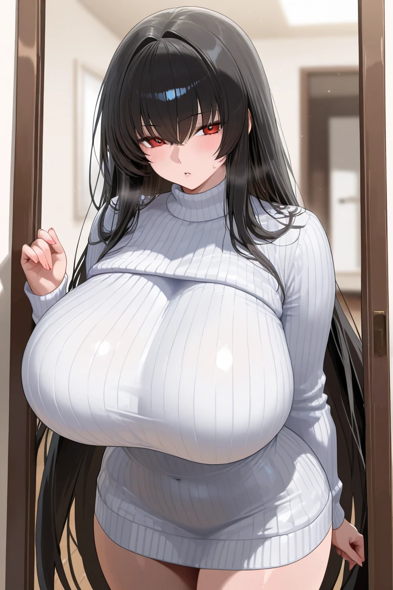 black hair、long hair、Huge mother、an enormous woman、super breasts、big breasts、vertical sweater、Black clothes、Crispy clothes、black eye、Sharp eyes、gentle smile、Background is a girl's room、view is looking up