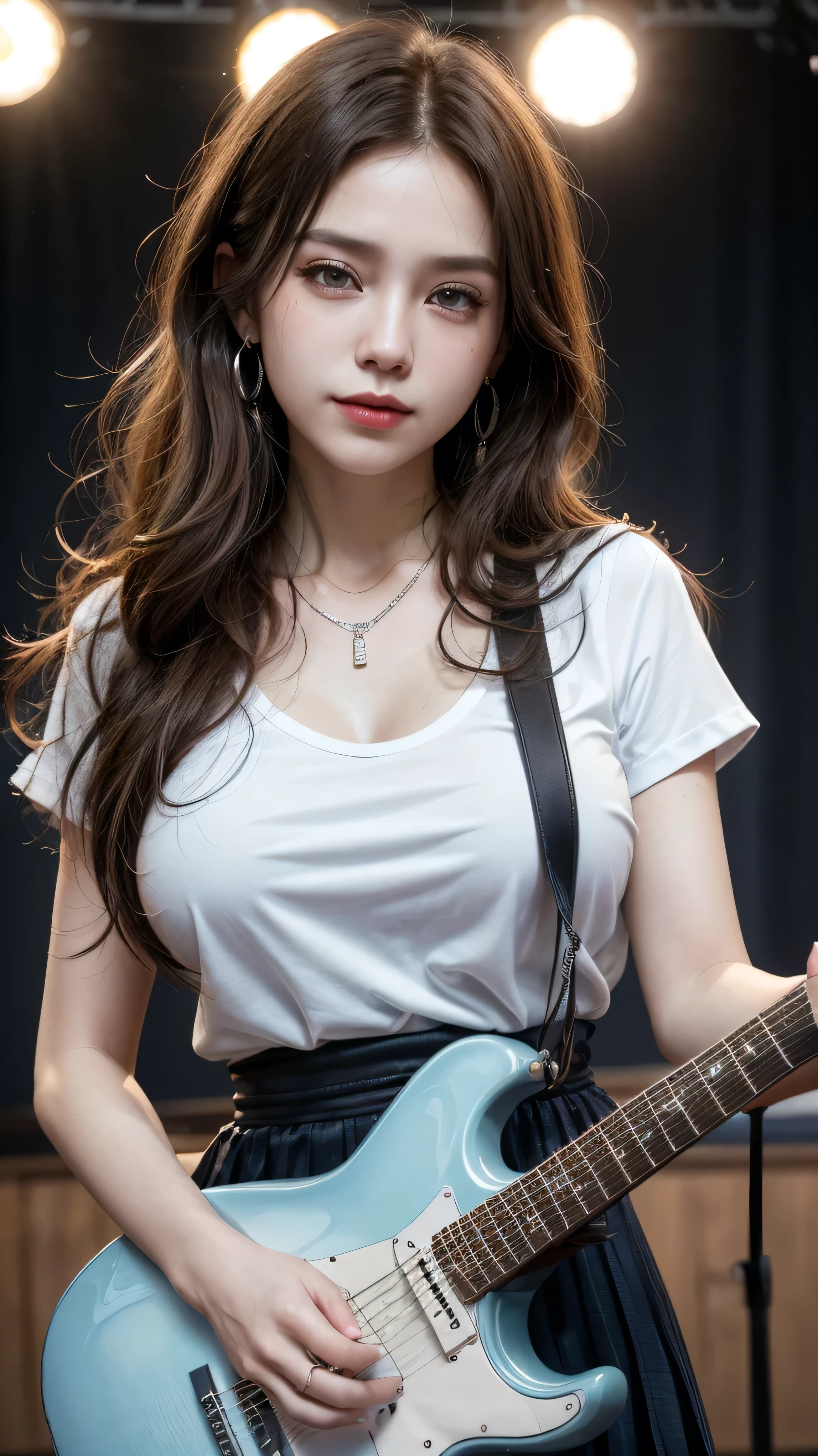 (8k, RAW photo, best quality, masterpiece:1.2),(realistic, photo-realistic:1.37),photon mapping,professional lighting,radiosity,1girl,solo,long_hair,(bracelet:1.1),(long legs:1.2),(earrings:1.1),physically-based rendering,<lora:XiaoyiClassmate_v10:0.8>,proscenium,performance,be seated,unconventional guitar,