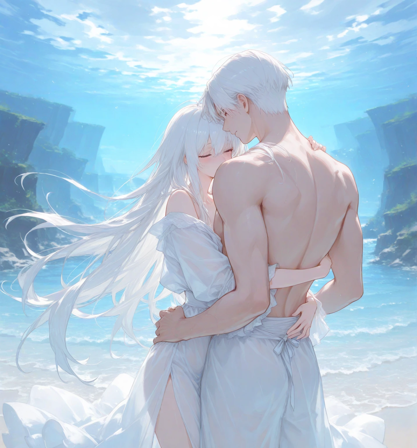 Xehanort possessing Aqua, Aqua being owned, perverted smile, cleaveage, bright yellow eyes, White hair, halfbody, pale skin, admiring body, anti-water, dark surreal environment, hand on one's chest, masturbation, NSFW, hentai, Kale