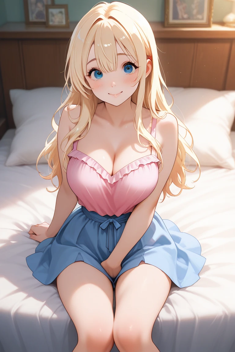1 girl, solo, Big round breasts, curvy hips, hourglass waist, realistic, bright blonde hair, green and blue eye, amazing big eyes, eye details, eyebrow details, crop top, pink skirt, parted lips, blush, confident, dominant, bdsm, smirk, naughty, mischevious face, HD, good quality, bedroom, sitting on bed, wearing pink pyjamas, crop top, curvy body, thick curvy thighs,