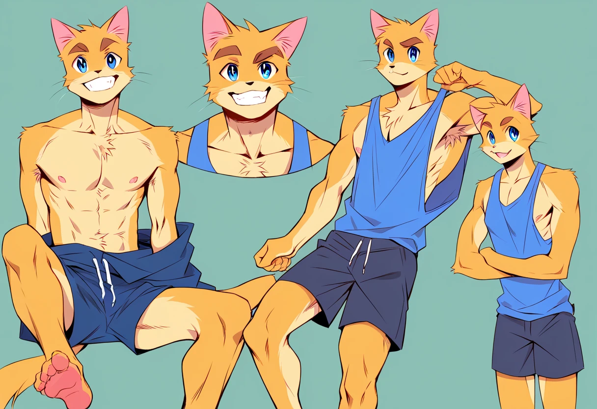 score_9, score_8_up, score_7_up, high quality, hires, anthro, male, teenager, 16 years old, domestic cat, yellow fur, blue eyes, slender body, chiseled v-line, shorts, white background, treasure trail, flexing arms