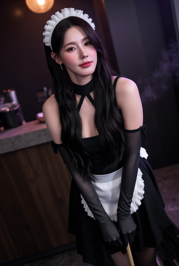 Korean, Realistic, artwork, final detail, photo Realistic, intricate detail, octane rendering, 8K, 1 girl, full body, perfect face, pretty face, , reference, hair detail, black bow, black gloves, black legs, blue eyes, blue hair, bow, collarbone, dress, sticking hair, ruffles, ruffles, gloves,  headdress, high resolution, long hair, parted lips, puffed sleeves, purple eyes, smile, alone, white dress, oily skin,