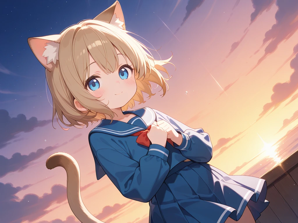 (1girl in:1.2), (Solo:1.2), masutepiece, nffsw、Shaders、Brilliant Textured Work、Ultra-detailed eyes、ultra-intricate pupil in eyes、top-quality、a blond、cat ear、cat eyes eyes、Cat tail、a sailor suit、a miniskirt、loose socks、sleepy eyes、Close one eye、Sitting on the roof、小柄、Gamine、