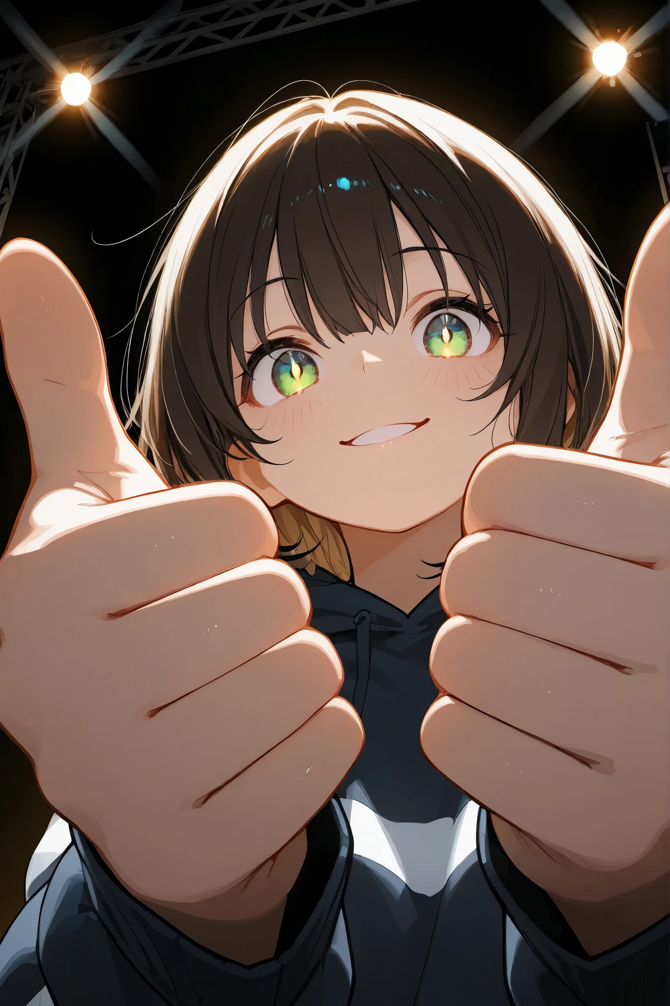 1girl, chibi, round face, short hair, Big expressive eyes ,,mischievous smile, proud expression, Energetic Poses, Thumbs up with both hands, Thumbs up with both hands, outstretched arms towards the viewer, stares at viewers, Cheerful Look, BREAK, simple background, dramatic comic style burst line, Energetic effects, Dynamic atmosphere , bright lights, focuses on movement, BREAK, from below, extreme close-up, dynamic composition, BREAK, ray tracing, Uhigh resolution, MESH FILM, masterpiece, correct, 解剖学的にcorrect, Textured Skin, Super Detailed, high detail, High Quality, 最High Quality, Hi-Res, 1080P, high resolution, 16 kg