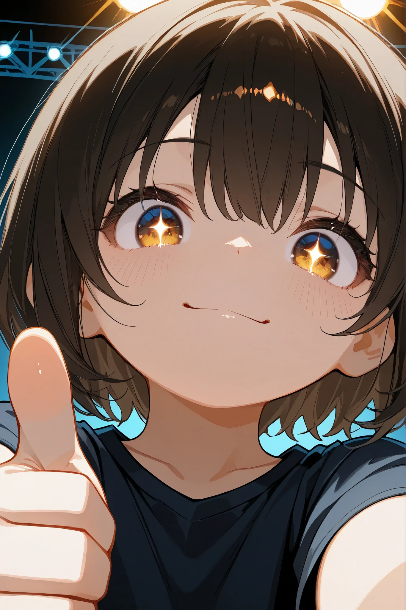 1girl, chibi, round face, short hair, Big expressive eyes ,,mischievous smile,  proud expression, Energetic Poses, Thumbs up with both hands, Thumbs up with both hands, outstretched arms towards the viewer, stares at viewers, Cheerful Look, BREAK, simple background, dramatic comic style burst line, Energetic effects,  Dynamic atmosphere , bright lights,  focuses on movement, BREAK, from below, extreme close-up, dynamic composition, BREAK, ray tracing, Uhigh resolution, MESH FILM, masterpiece, correct, 解剖学的にcorrect, Textured Skin, Super Detailed, high detail, High Quality, 最High Quality, Hi-Res, 1080P, high resolution, 16 kg
