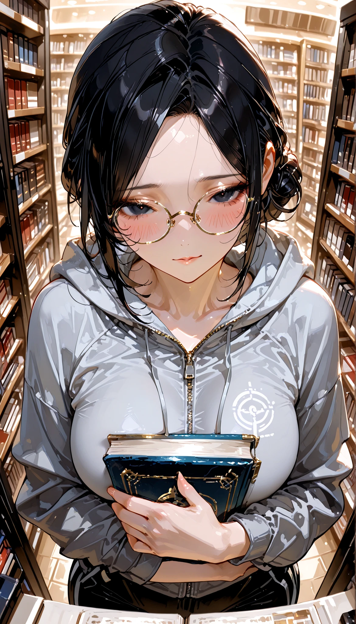(masterpiece),(best quality), glasses, chakumomi, pov hand, breast grip,sweater, in the library,