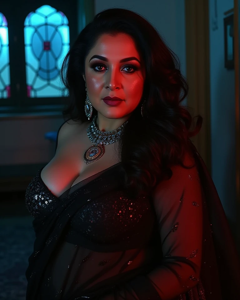 ( glowing eyes:1.5),Fortune telling hall,indian astrology,Looks like Aparna Dixit, full body Closeup shot, Big chubby aunty, milf, cougar lady witch, horny Gothic milf,  50 years old gorgeous mature lady, pervert demoness, demoness of lust, curvy, black lips, horny face, extremely gorgeous, thick figure, heavy physique, voluptuous, curvy, sexy figure, Fashionable portrait of androgynous alien looking witch wearing veil,( glowing eyes:1.5), futuristic design, minimal details, givenchy, photoreal, 200mm, hd, f/ 2.0, highly detailed, surreal, sexy beautiful evil woman, sexy bold sequin Saree with strapless Bra, chudail, Pishachini, horror genre, blood-thirsty enchantress, powerful female spirit, eerie, drop dead, in the style of red and blue, (intricate details, hyperdetailed:1.15) (skin texture:1.2), dark Moody tone, cinematic lighting, haunted place in background, 