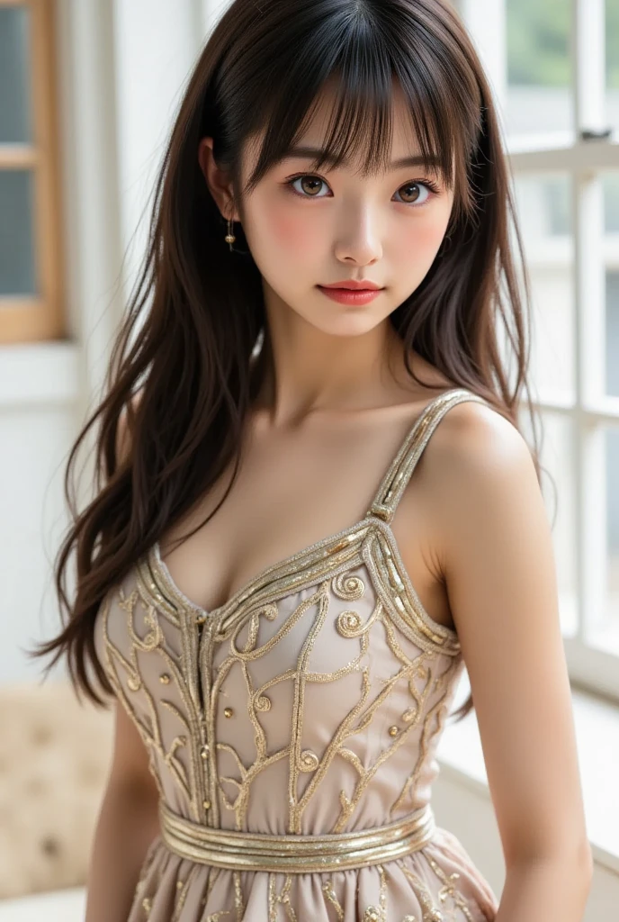masutepiece、masutepiece、ultra-definition、accurate depiction、extremely high detail、8K picture quality、one girls、(18 year old pretty woman、18year old)、small head、Cute face、a blond、half up、Blue eyes、perfect glossy skin、((tre anatomically correct))、Perfect body:1.1、high-level image quality、masterpiece、Look at viewers、(Sheer princess dress、Golden flower embroidery)、sexypose、Small breasts、the royal palace、Large stained glass windows、Enveloping her presence with delicate particles、Soft light、divine atmosphere、Photoreal Stick