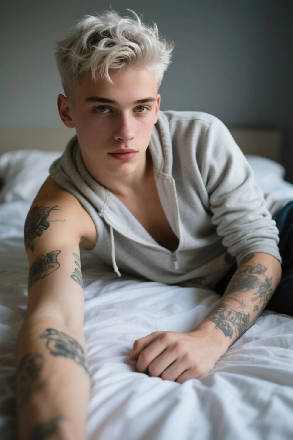 (((mixed-race Latino-Albino young man))), ((masterpiece)), ((best quality:1.2)), High Resolution, 8k, (ultra_realistic:1.3), (photorealistic:1.4), (NSFW), sharp focus, Create a stunning photo of a teenage male, with short hair, naked body, back view, his legs spread apart, in front of the camera, ((giving a nice view of his beautiful penis, Smooth shaved scrotum)), (symmetric testicles), cute young face with thin beard, smooth body no hair, with backdrop of natural light, twink, satisfied pose, dynamic angle, taken with canon 5d mk4, in white room, smooth white surroundings, natural flesh tones, soft light, photography, detailed skin, insanely detailed, hype maximalist, hype hyperrealism, cinematic, telephoto, lighting intricate details, smooth, sharp focus, Unreal Engine:1.5, UHD, 8k, dreamlike atmosphere of a lively background