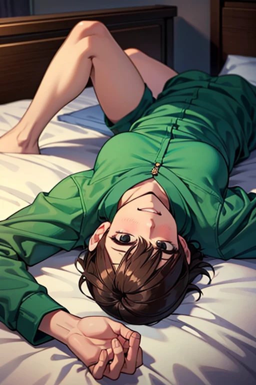 mature women, hair over one eye, brown hair, green eyes, Tomboy, darker skin, lying on stomach, bed, books lying around, black hoodie, sweatpants, large breasts, looking at viewer