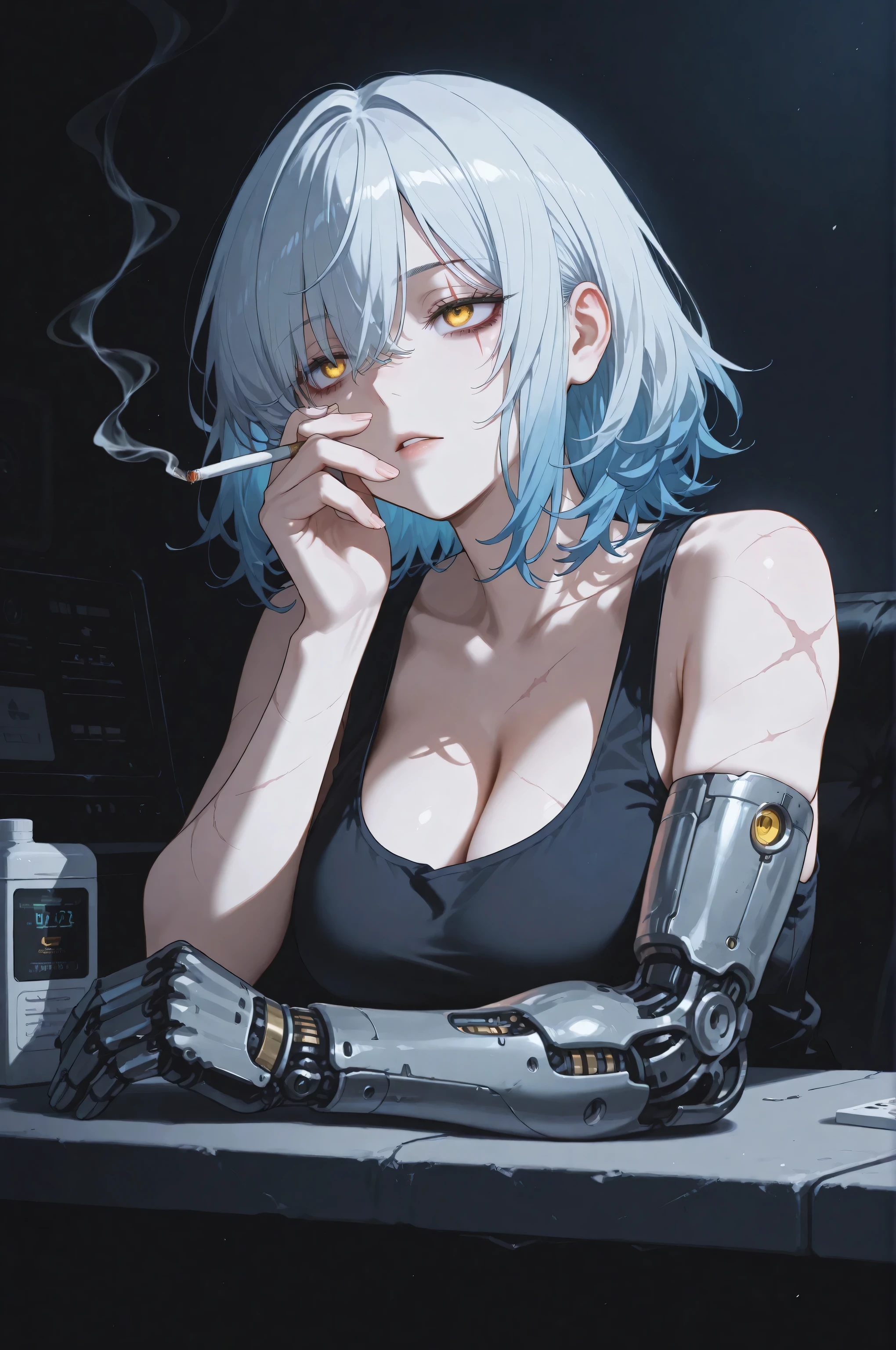 white girl, purple hair, short hair, smoking girl, abs, laying in bed, the bed is white, wear a purple bra, wear a purple string, wear a jacket, wear a skirt, she's wet, small breast, large hips, she's enjoying it, she's in extase, there's multiple pack of cigarettes on the ground, there's one ashtray on the ground, ambient smoke everywhere, night time, age 25, cyberpunk style