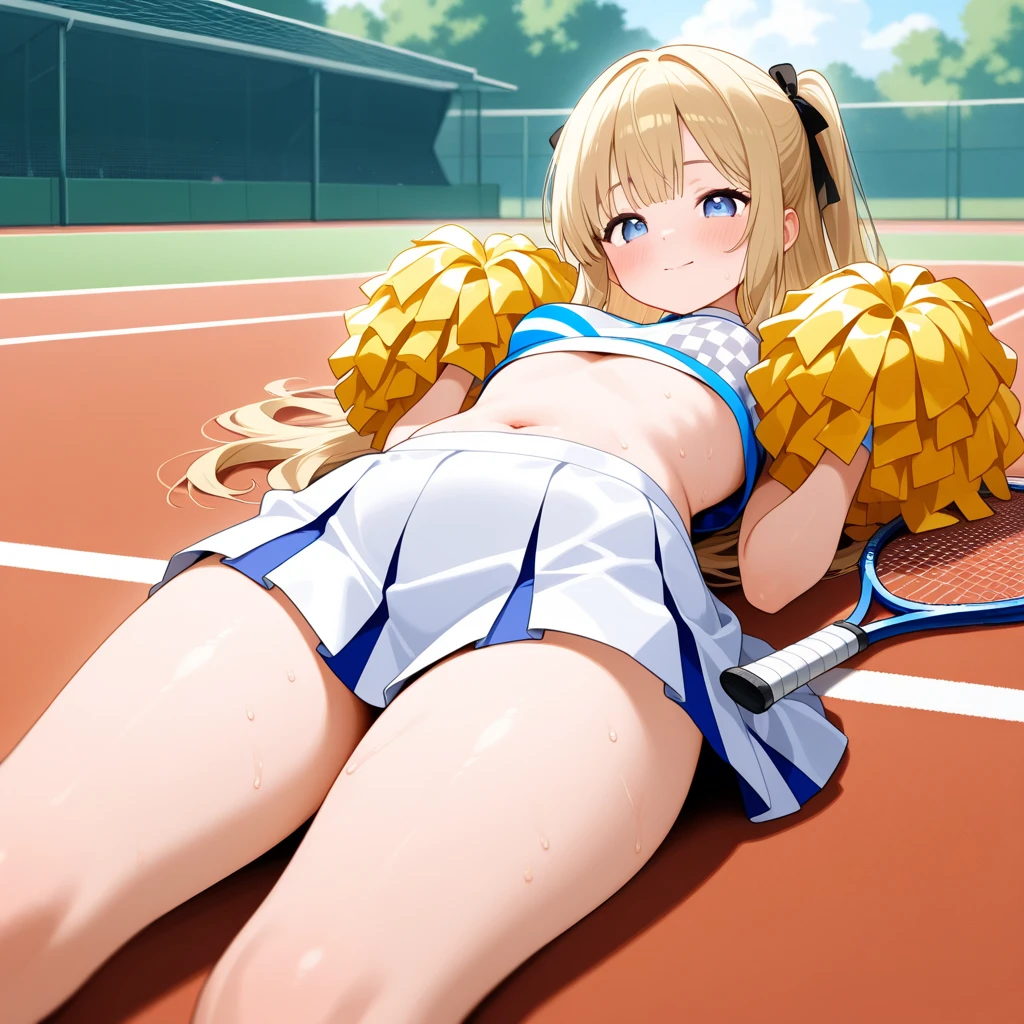 sex vaginal, anime style, medium breasts, small ass, ruby hoshino (oshi no ko), pink eyes, anime art style, cheerleader outfit, upskirt, crop top, skirt, outdoors, park, laying, boy on top, missionary position, side view