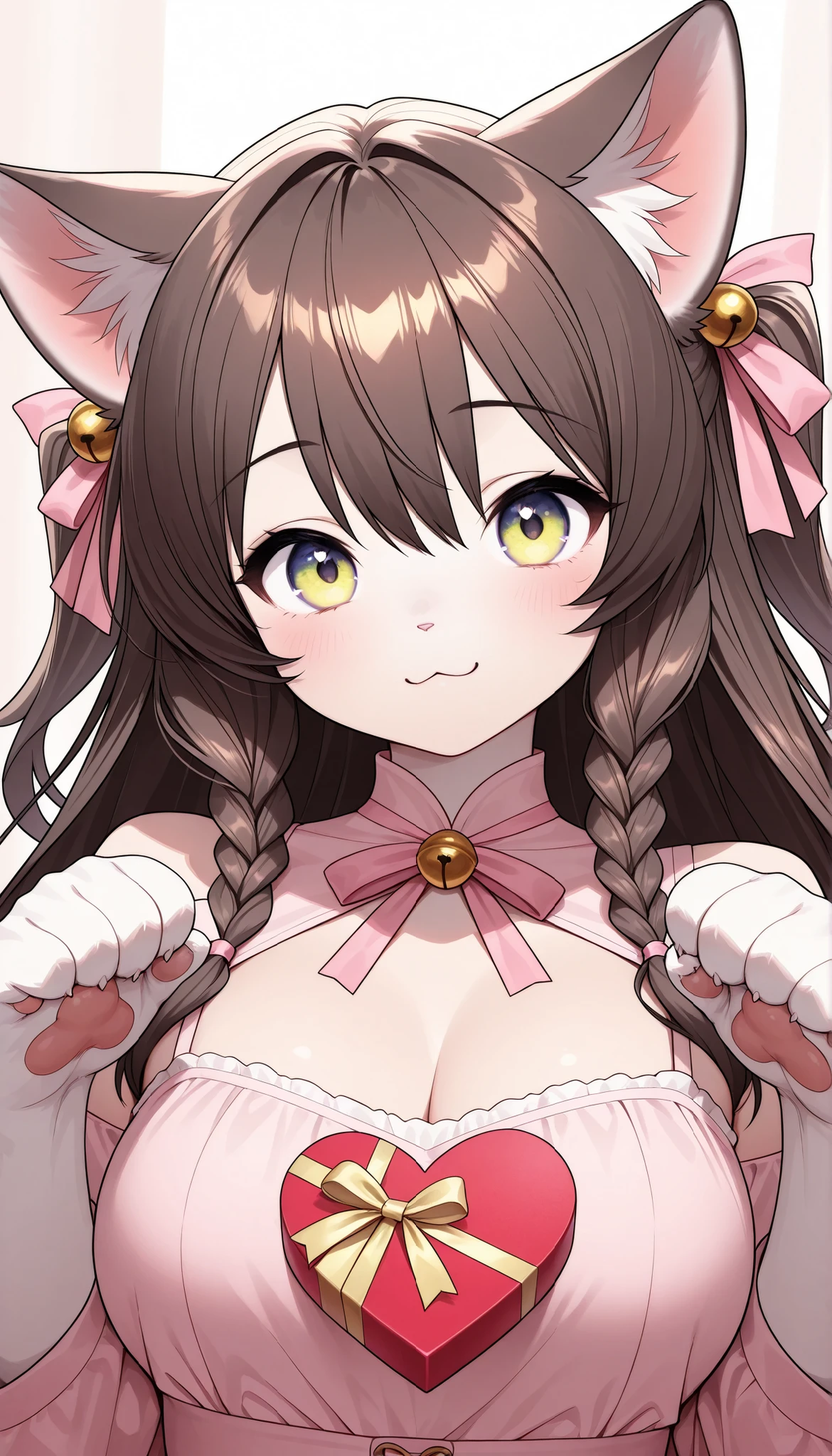 Farley、Cat girl、cute、Hand over a heart gift box、brown hair、Half Up Braided、 :3、cat、((Meatball、 Cat's paw ))、Kemono、fantasy、 gorgeous 、delicate、soft、dreamy、 shines brightly、beautiful、 magical、romantic、portrait、 digital 、4K、Anime、Professional、Deep Focus、oil paint style、Bright Colors、Vivid Color、delicateディテール、masterpiece, Highest Quality, amazing quality, BEST AESTHETICS.