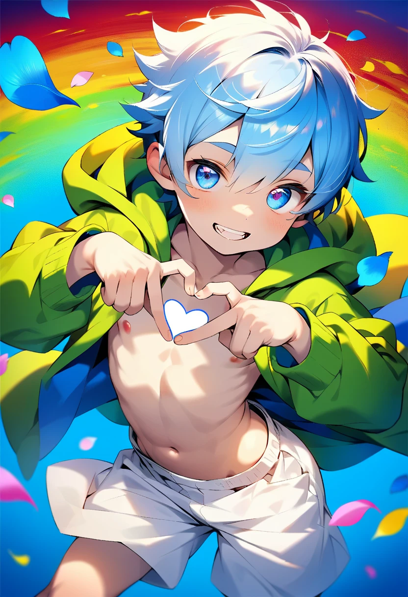 ((solo)), (boldline:-1.6), (dynamic pose:1.3), (arched back:1.3), ((bubble)), (standing:1.5), (spread legs:1.3), (((fang))), (((best finger))), BREAK (best quality:1.5), (absolutely resolution:1.5), (ultra detailed:1.5), (masterpiece:1.5), (perfect face), (detailed face), (detailed eyes), (best eyes), (cute face), (shota:1.9), BREAK (topless:1.5), BREAK (white loincloth:1.5), (straw hat:1.5), (see throgh wet clothes:1.3), (bulge:1.6), (skinny:1.3), (spiked hair), BREAK (light blue hair:1.5), (wine red eyes:1.4), (eyes with highlight:1.6), ((mole under eye)), (sweaty skin), (chuckling:1.5), ((earrings)), (shiny skin:1.3), BREAK (garden), (sunflower:1.5), (sunlight), ((wind blowing)), ((nipple)), (abs), (groin), water splashing, from below,