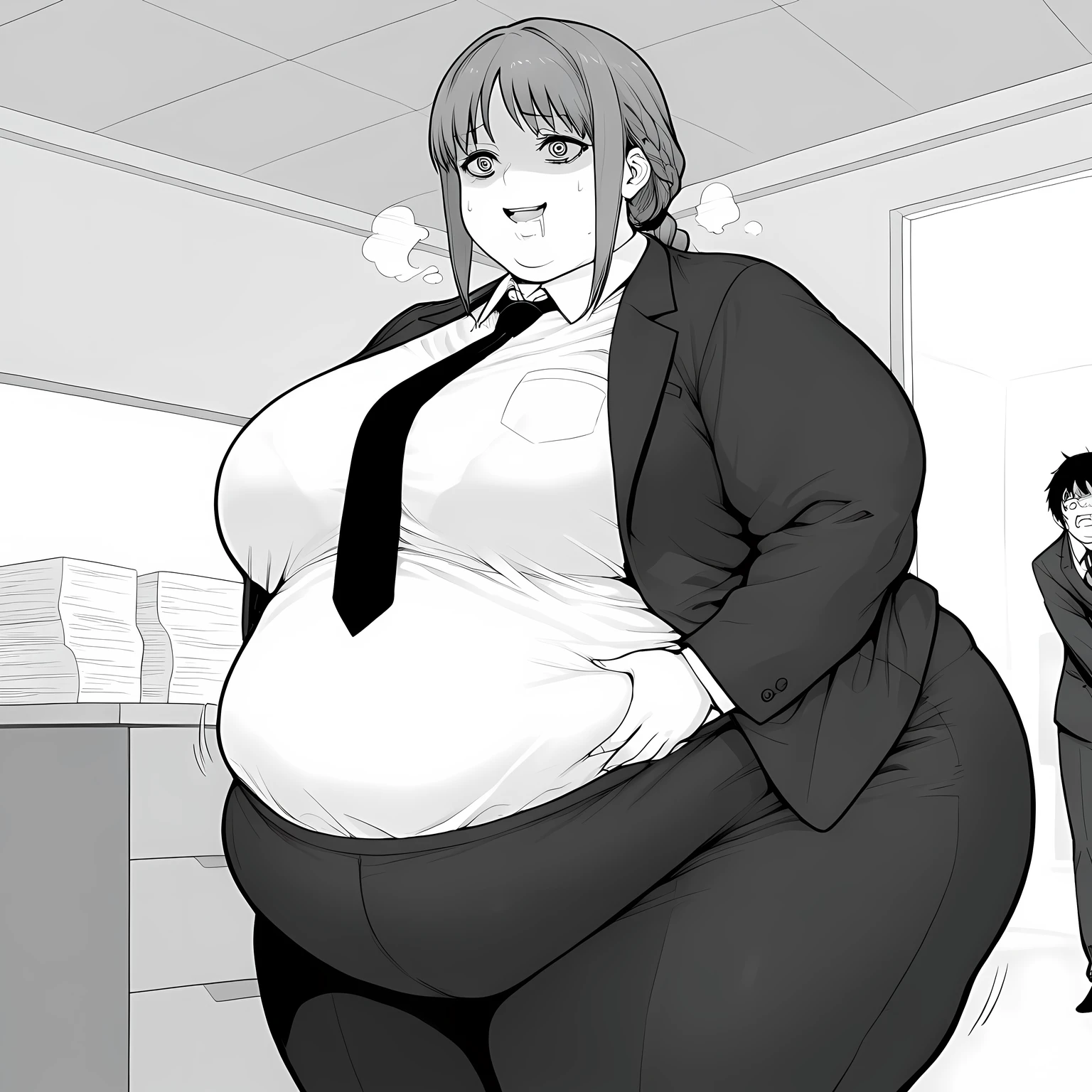 amazing quality,very aesthetic,absurdres,best quality,newest,masterpiece,4k resolution, absurdres, highres, detailed background, 
 1girl,  solo, hand on own stomach, sweat, leaning backward, nervous,  , score_9 , score_8_up , score_7_up , source_anime , makima ,  , makima , long hair , smile , bangs , braid , braided ponytail , ringed eyes , monochrome , greyscale , shirt , long sleeves , jacket , white shirt , necktie , collared shirt , pants , black jacket , black pants , formal , suit , black necktie , shirt tucked in , office lady , indoors , office greyscale, drooling, scared, clenched teeth, heavy breathing, fat, chubby, obese, gigantic arms and legs, large breasts open mouth, out of breath, grayscale,
