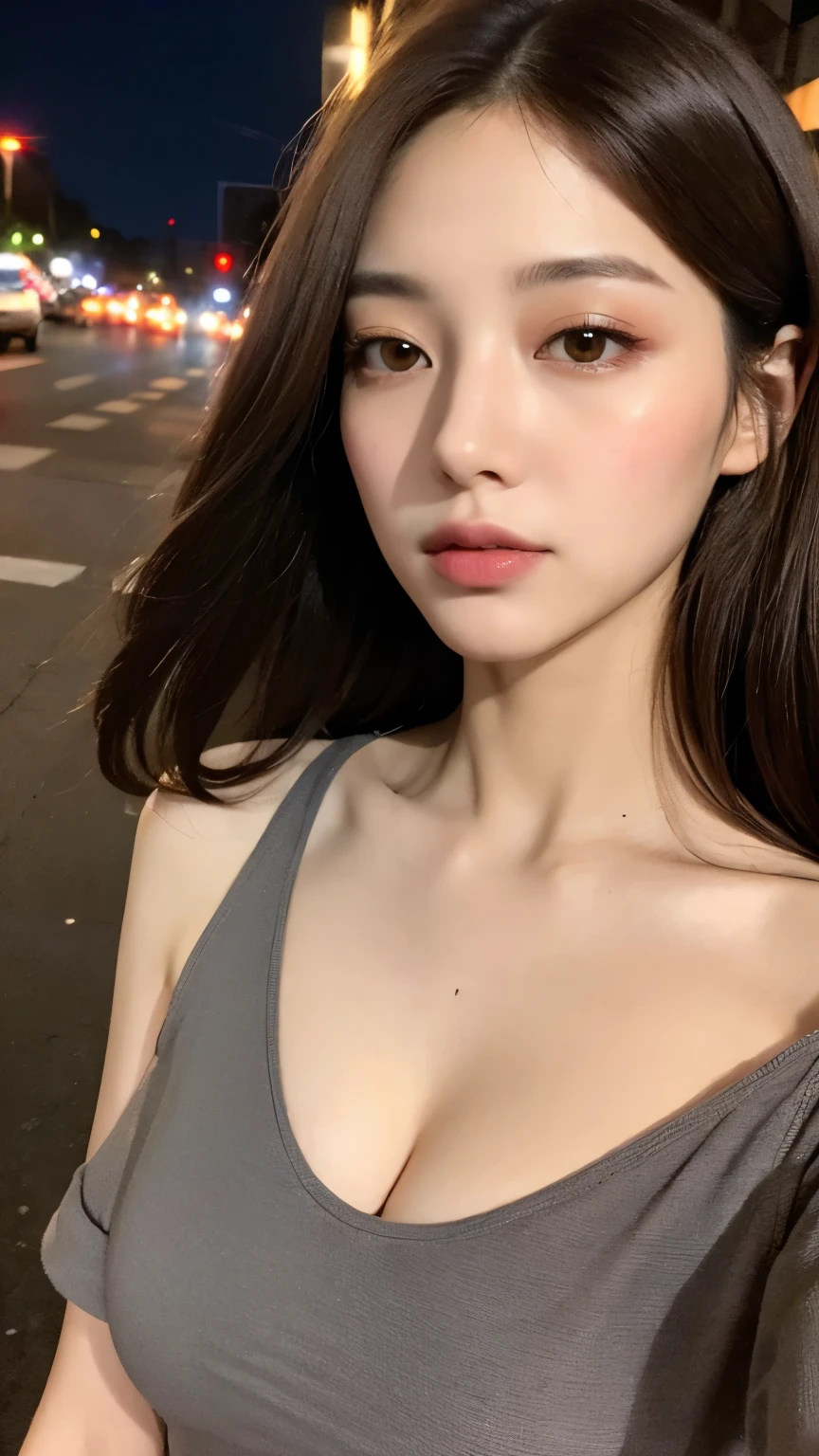 ((Realistic lighting, Best quality, 8K, Masterpiece: 1.3)), Clear focus: 1.2, 1girl, Perfect Figure: 1.4, Slim Abs: 1.1, ((Dark brown hair)), (White crop top: 1.4), (Outdoor, Night: 1.1), City streets, Super fine face, Fine eyes, Double eyelids,