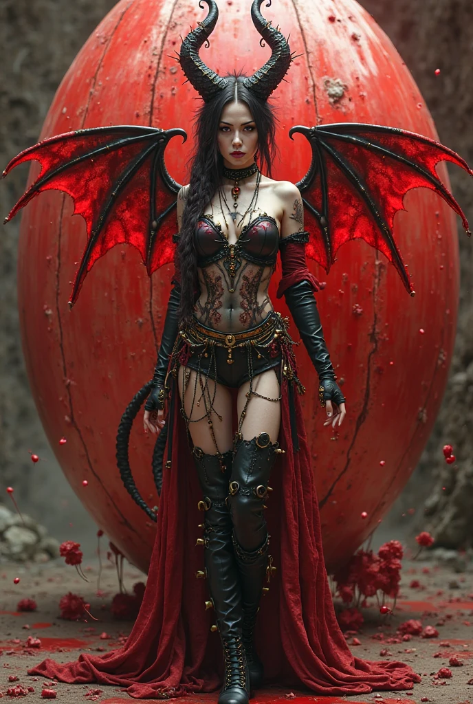 (masterpiece, best quality, ultra-detailed, extremely detailed, intricate details, 8K), (seductive succubus with demonic horns, bat wings, demon tail) middle-aged man, Broad build, medium brown butch Cut hair, mexican, tan skin, hazel eyes, wearing a crimson red lace t-shirt with occult symbols, leather skirt with gothic motifs, mules with gothic designs, red lipstick,smoky eyeshadow, silk gloves,enchanted amulet, set in ancient ruins, with crumbling stone walls, overgrown vegetation, eerie silence, and an aura of mystery <lora:xl_more_art-full_v1:0.8>