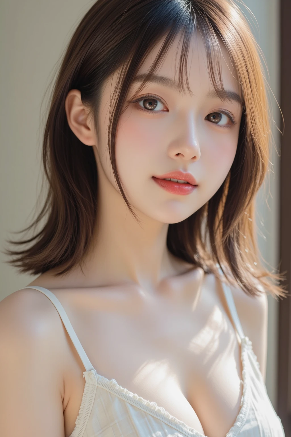 Cat eyes, no light in the eyes, brown hair, collarbone length, small height, small breasts, small model body type