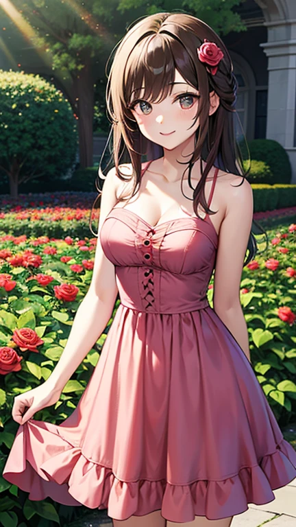 An 21-year-old girl with very, very big breasts in a short dress, European style, with cleavage,pastel color tones,soft lighting,medium:oil painting,ultra-detailed,realistic,beautiful detailed eyes,beautiful detailed lips,youthful and innocent appearance,curly brown hair,holding a bouquet of blooming flowers in her hands,surrounded by a vibrant garden with colorful flowers and tall green trees,filter: dreamy and ethereal,with a warm and delicate atmosphere.