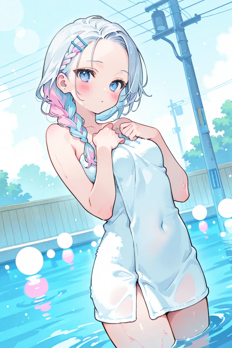 (best quality:1.2) (4k:1.) (very high resolution:1.1) , (realistic photograph:1.1) , (ultra detailed CG:1.1)  ,
1girl elf , solo , (detailed face:1) , (small breasts:1) , (silver twintail:1) , <lora:skirt_tug_v0.1:1> (shirt tug:1) , t-shirt , clothes pull , implied pantyshot , oversized clothes , <lora:sukebra(bsb&fsb):.9> (fsb:1) , (frosuke:1) , wet clothes , dripping , water splashing , see through , bra , pout , angry , poolside
