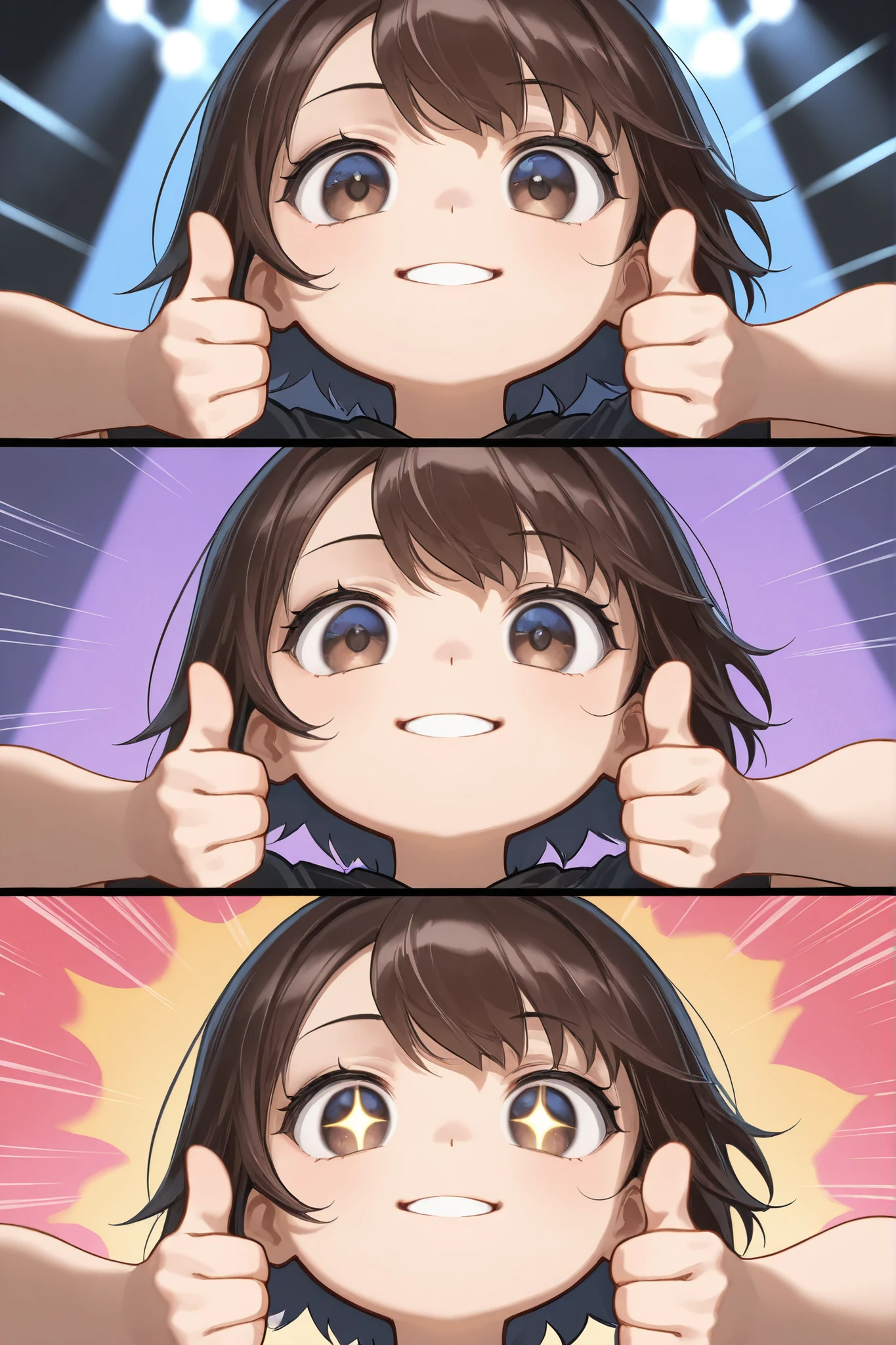1girl, chibi, round face, short hair, Big expressive eyes ,,mischievous smile, proud expression, Energetic Poses, Thumbs up with both hands, Thumbs up with both hands, outstretched arms towards the viewer, stares at viewers, Cheerful Look, BREAK, simple background, dramatic comic style burst line, Energetic effects, Dynamic atmosphere , bright lights, focuses on movement, BREAK, from below, extreme close-up, dynamic composition, BREAK, ray tracing, Uhigh resolution, MESH FILM, masterpiece, correct, 解剖学的にcorrect, Textured Skin, Super Detailed, high detail, High Quality, 最High Quality, Hi-Res, 1080P, high resolution, 16 kg
