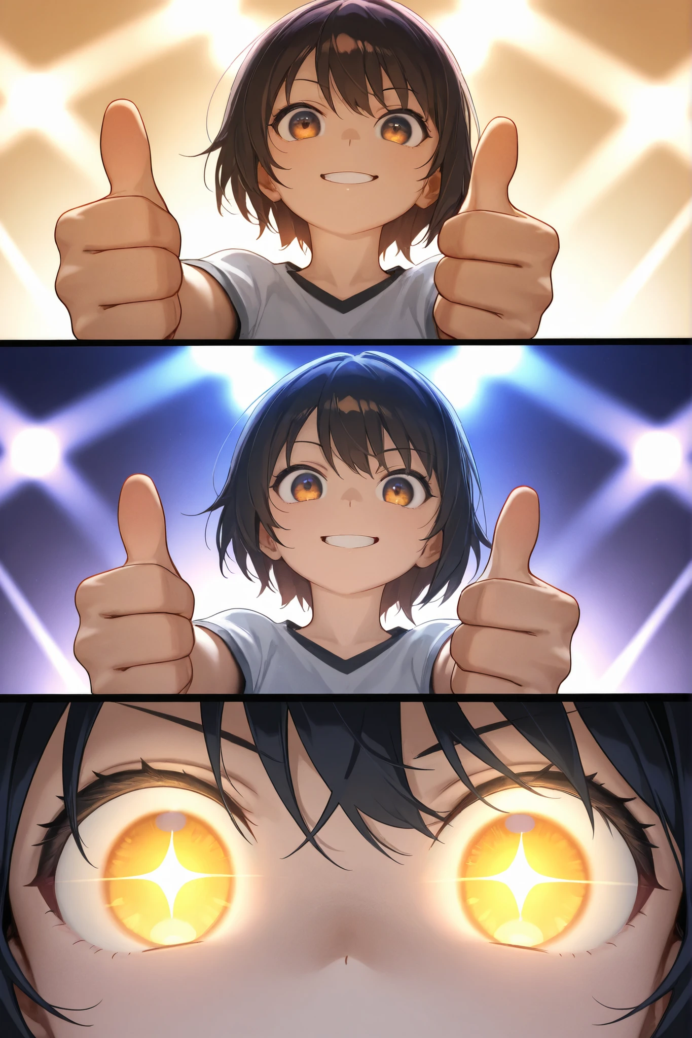1girl, chibi, round face, short hair, Big expressive eyes ,,mischievous smile, proud expression, Energetic Poses, Thumbs up with both hands, Thumbs up with both hands, outstretched arms towards the viewer, stares at viewers, Cheerful Look, BREAK, simple background, dramatic comic style burst line, Energetic effects, Dynamic atmosphere , bright lights, focuses on movement, BREAK, from below, extreme close-up, dynamic composition, BREAK, ray tracing, Uhigh resolution, MESH FILM, masterpiece, correct, 解剖学的にcorrect, Textured Skin, Super Detailed, high detail, High Quality, 最High Quality, Hi-Res, 1080P, high resolution, 16 kg