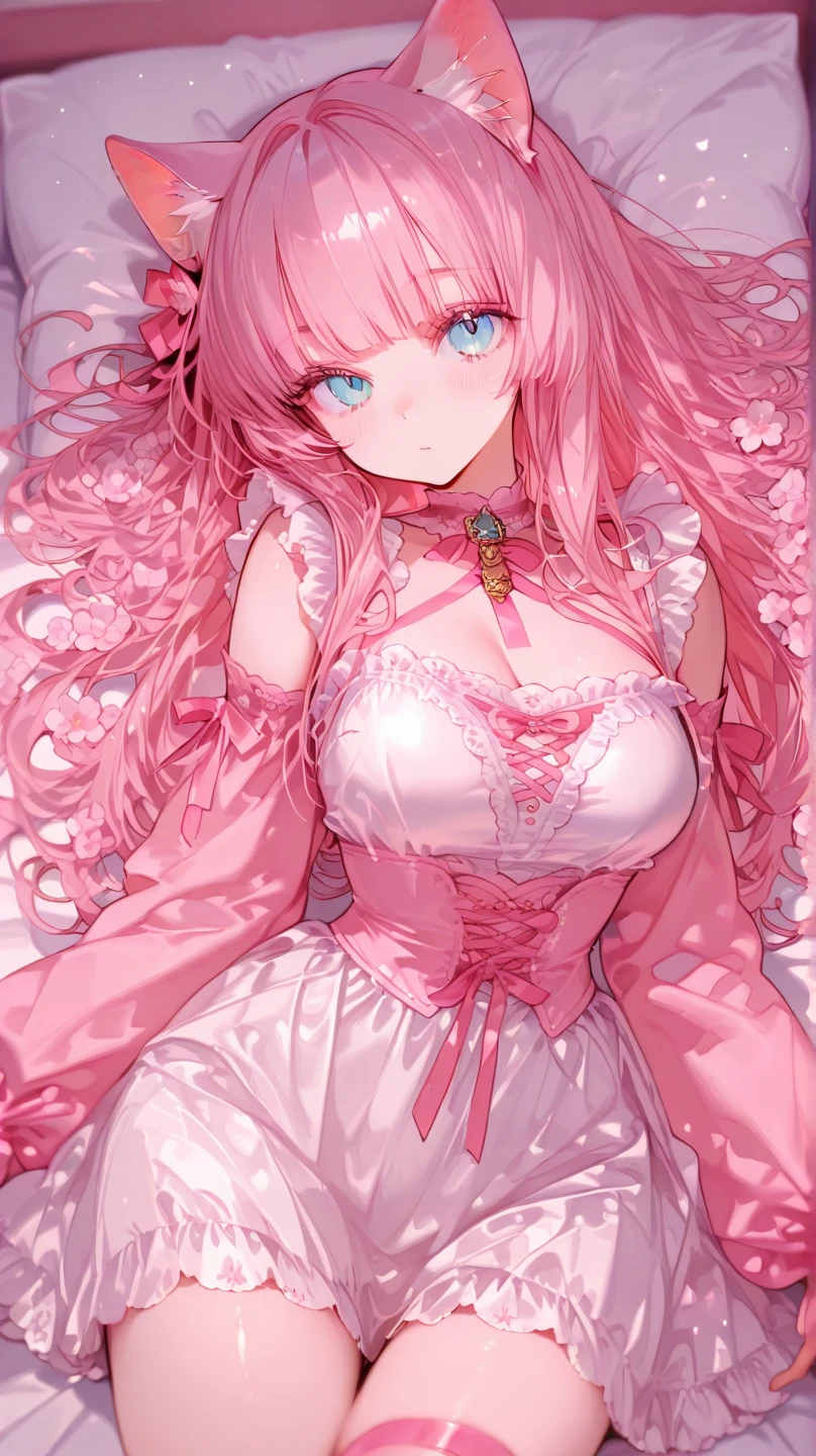 ((Moe anime art style:1.2)), (((masterpiece))), (((best quality))), ((ultra detailed)), (illustration), ((an extremely delicate and beautiful)), ((super detailed skin)), (((8K))), BREAK (((solo girl, A young-looking princess))), (18 years old), ((full body)), (sit astride, straddling), BREAK (((Shiny dark pink taffeta))), ((Dense lace, Long train, Lots of frills)), (((Full-length crinoline hoop skirt, Beautiful and luxurious Georgian Marie Antoinette English gown))), BREAK (((huge breasts))), ((breast focus, cleavage cutout)), Sweat on the chest, BREAK (((Super delicate and beautiful face))), ((Beautiful Lips, Delicate beautiful eyes)), ((embarrassed)), BREAK bangs, (((Pink Hair, Fluffy ponytail, Curly Hair, Expressive hair, very voluminous long hair))), Beautiful silver and jeweled hair ornaments, BREAK (((nature))), (in forest), ((so many colorful flowers)), ((Flowing petals)), Particles of light pouring down, (light sparkles:1.5), (light leaks:1.5), (depth of field:1.5),