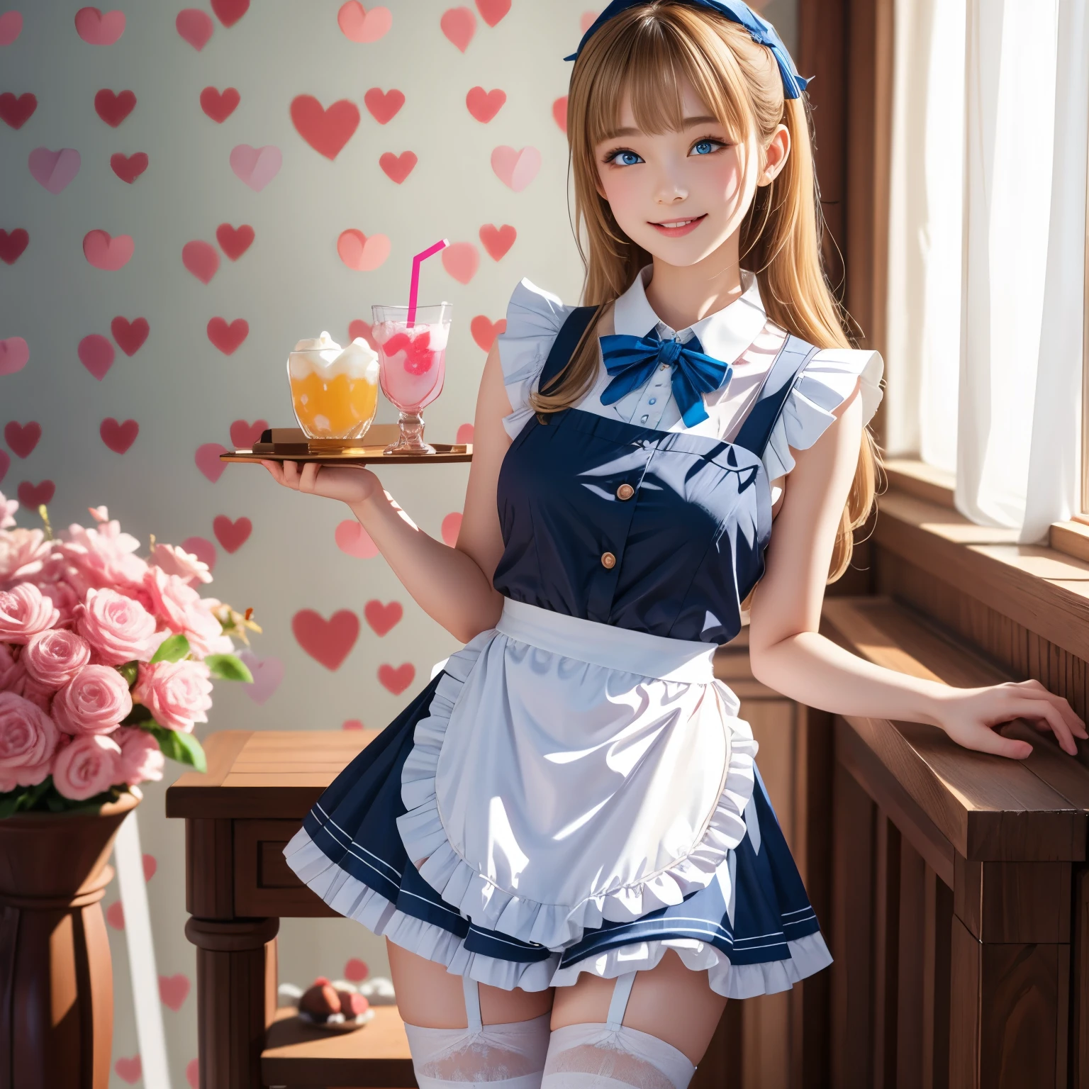 1girl, long blonde hair, blue eyes, hair bow, cute maid outfit, frilly dress, apron, thigh-high socks, ribbons, holding drink, soda can, heart-shaped straw, holding tray, parfait, whipped cream, pastel colors, candy-themed accessories, bandage on thigh, cheerful expression, indoors, checkered wallpaper, soft lighting, kawaii aesthetic
, detailed facial features, high contrast shading, lifelike skin texture,high-resolution,newest,detailed clothes, refined jewelry detail, photoreal quality, 4k, 8k, HDR, ultra detail, highres,official, 1080p, HD, 16k
