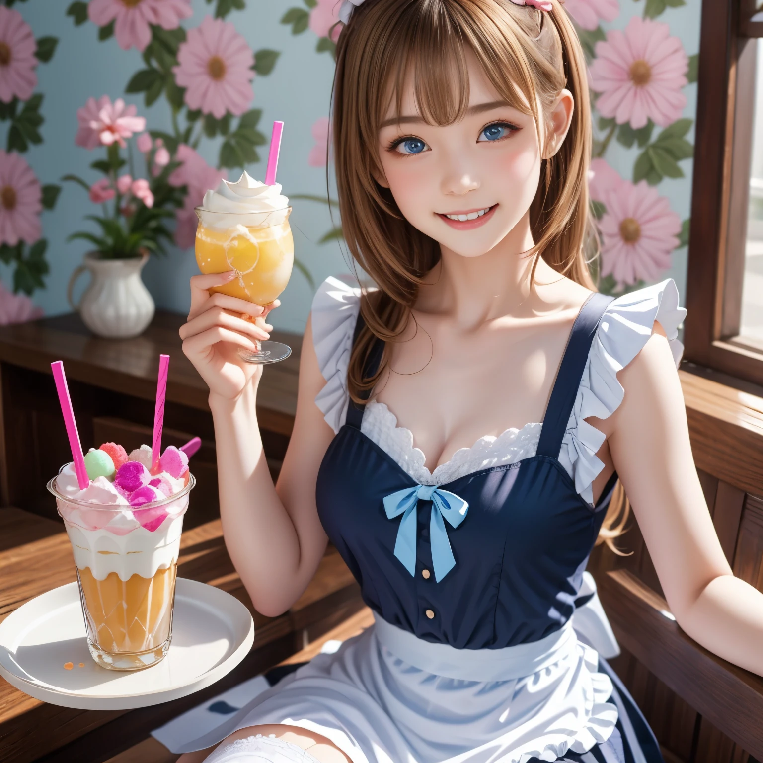 (Highest quality), (Perfect Face), (Attention to detail), (One girl), (close), (head shot), Cute 1950s girl drinking strawberry shake through a large straw,  Sit down to a 50&#39;s dinner, High resolution,4K, 3d