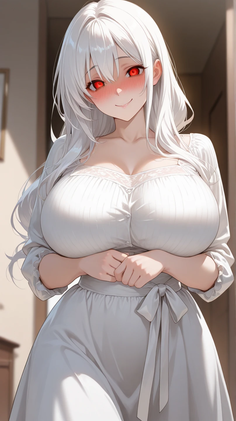 Best quality, high detailed, 8K quality, 4k resolution, Full body 20 years old chinese girl, white hair, necklace, gorgeous face, massive breast, curvy body, wearing tight red sweater, massive breast and huge butt, playful expression, pose with both hands