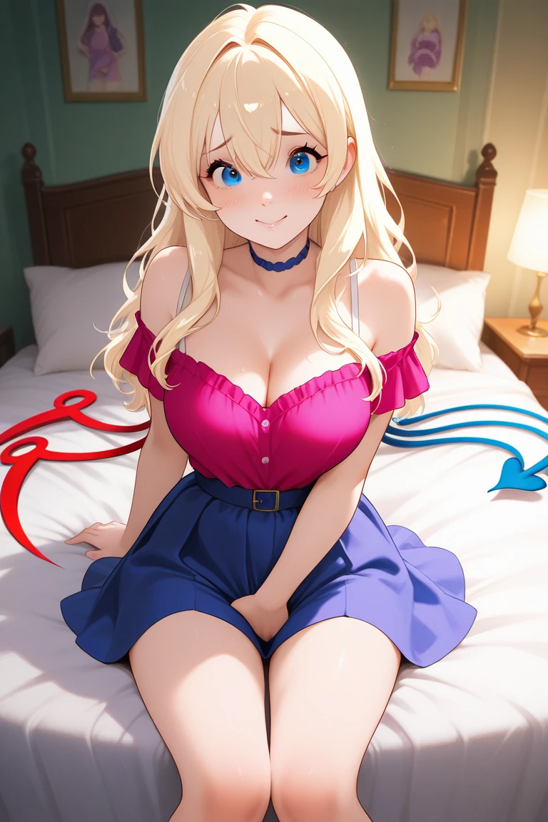 (masterpiece, 最high quality, 超High resolution, Very detailed), (Realistic:1.1, photoRealistic:1.4), Perfect illustration, Perfect lighting,Perfectly detailed hair, Perfect and exquisite face, Perfect collarbone, Perfect body,Juicy breasts, Perfect Thighs, Beautiful legs, View your audience, 1 person,Perfect Face, (Perfect Anatomy, Anatomically correct), Symmetrical face、((Shiny Hair)),sexyなボディ、(masterpiece),(最high quality：1.3),8k,Very clear,(Ultra-realistic),Captivating woman,(high quality, High resolution, The finer details), Realisticなスタイルの女性,Juicy breasts、Perfect Woman、Perfect Face、Symmetrical face、Baby Face、Cowboy Shot、((Big breasts))、Cleavage、blush、((Juicy lips))、(((Fluffy blonde hair)))、((Big double blue eyes、Long eyelashes))、(Red Makeup)、(((Off-shoulder pajamas)))、((sexy))、(Healthy and well-developed body)、((Big tits jk))、(Bedroom、bed)