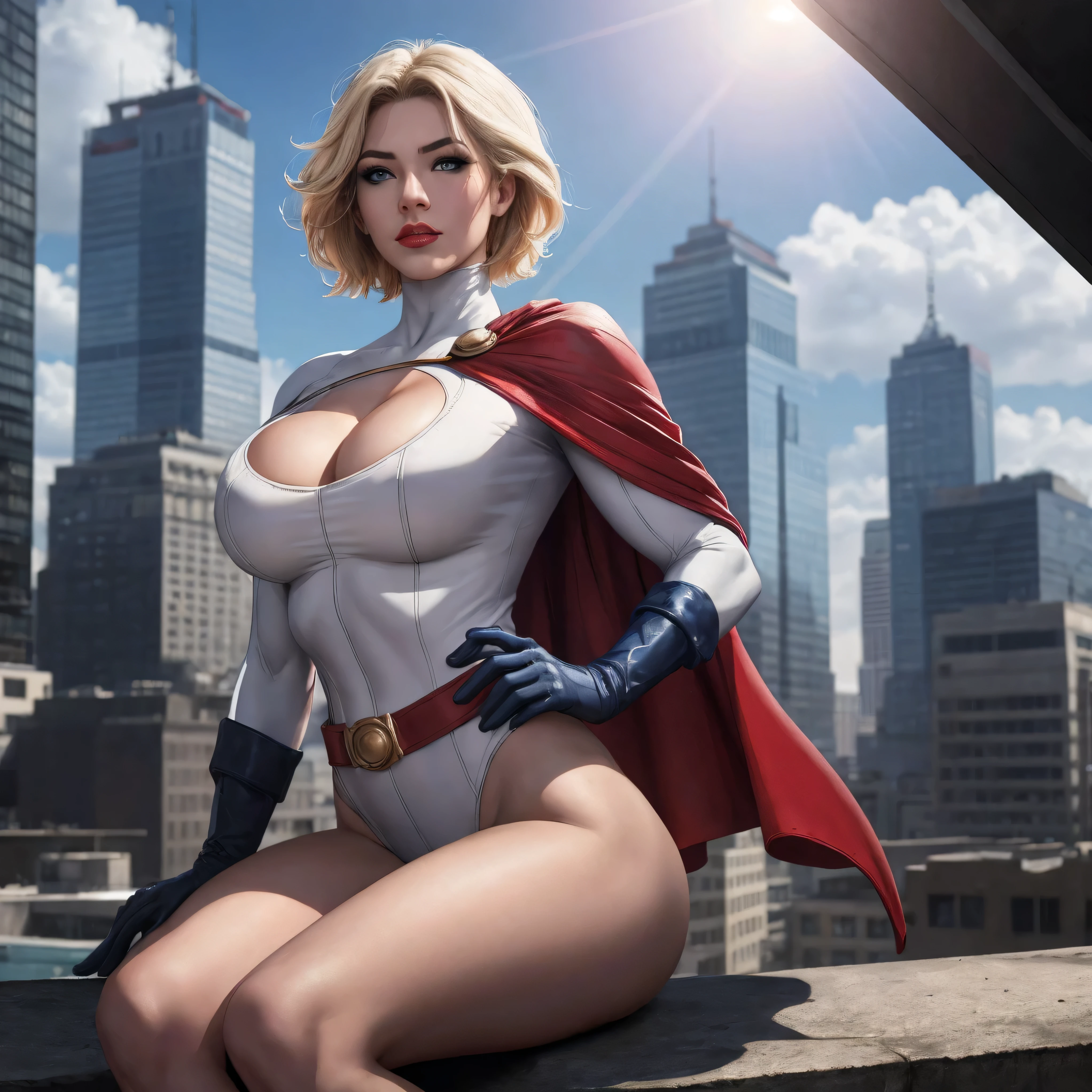 NSFW. ((((Nude.)))) Power Girl, from DC Comics, red cape, (((completely nude))), sexy, slim sexy, big and shapely thighs, ((bare breasts)) ((bare crotch)), (((pubic hair))) ((pussy)) ((open pussy)) (vaginal), exhibitionist, in the background a medieval city, 8k, hyper-realistic, everything looks like an unreal engine rendering ((full body view))
