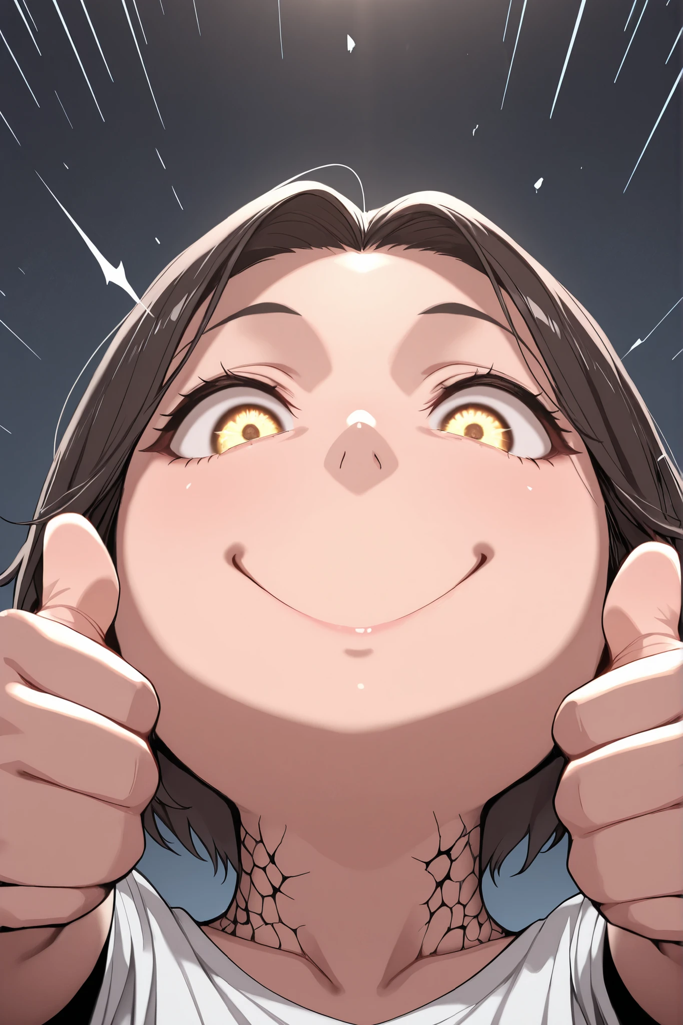 1girl, chibi, round face, short hair, Big expressive eyes ,,mischievous smile, proud expression, Energetic Poses, Thumbs up with both hands, Thumbs up with both hands, outstretched arms towards the viewer, stares at viewers, Cheerful Look, BREAK, simple background, dramatic comic style burst line, Energetic effects, Dynamic atmosphere , bright lights, focuses on movement, BREAK, from below, extreme close-up, dynamic composition, BREAK, ray tracing, Uhigh resolution, MESH FILM, masterpiece, correct, 解剖学的にcorrect, Textured Skin, Super Detailed, high detail, High Quality, 最High Quality, Hi-Res, 1080P, high resolution, 16 kg