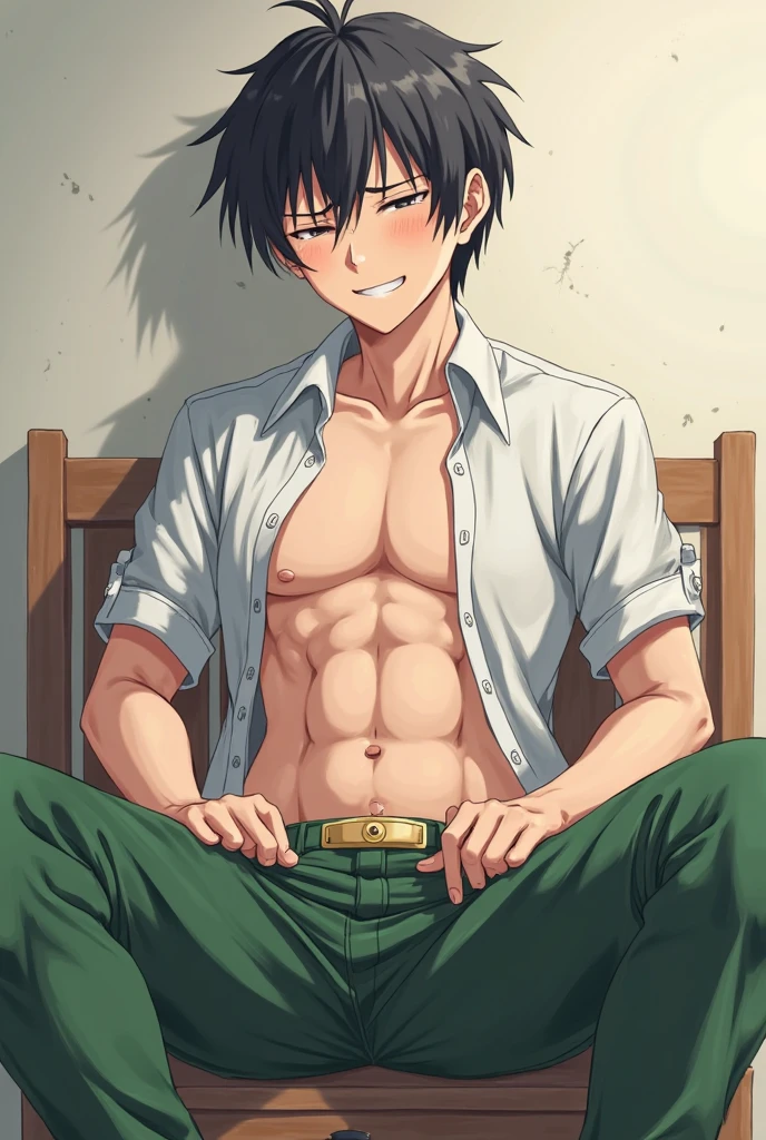 shirtless handsome manly short black hair caucasian male in tattered short jeans and sneakers, shirtless, sweating profusely, drenched with sweat, exhausted, panting, lying on the stairs, at home