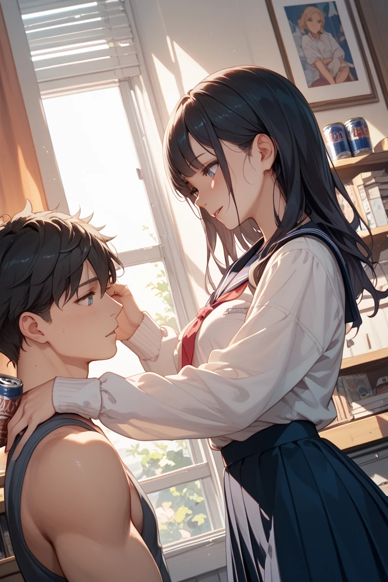 (((1man and 1woman:1.5、male and female couple:1.5、hug))),(((A man hugs a woman from behind,A man's hand strokes a woman's crotch:1.5))), BREAK ,((The man is 18 years old、sharp eyes、black short hair、slim body、Wearing school uniform))), BREAK ,(masterpiece Best Quality, absurderes, Perfect Anatomy, Unity 8k Wallpapers,best anime), Detailed beautiful face and eyes,shoot from front,cowboy shot, BREAK 16-year-old beautiful girl、Japanese,((Dark blue school uniform:1.3,Navy short-sleeved sailor uniform:1.3、Navy pleated mini skirt:1.3、black leather collar,white panties,camel toe)),(black hair,low twintails:1.4),red eyes、shy look、((smaller head:1.5,skinny:1.2,slender body:1.3,ideal ratio body proportions:1.4,medium breasts,sweat:1.4)), BREAK ,sitting,simple chair、classroom、Schools in Japan、