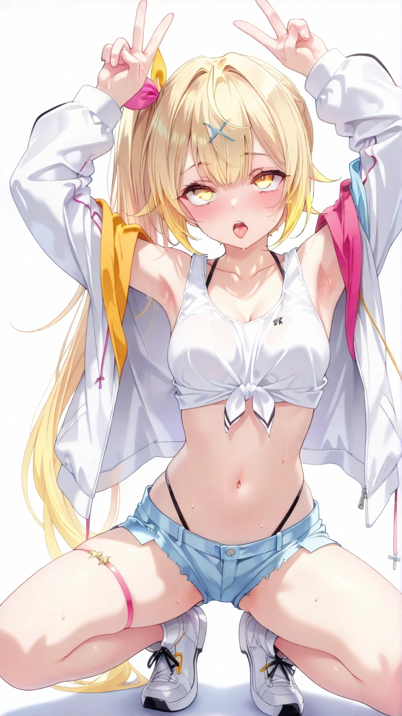 (busty girl), (white jacket), (light pink)tanktop, (pink thong)(high-leg)(high-cut), erect nipples, Narrow constricted waist, belly button, Small hips, bare hips, (partially exposed)vulva(labia), (blond hair)buns(twintails), White ribbon, Dark Eyes, blue eyes, sunny, clitoris(crotch wedge)cameltoe