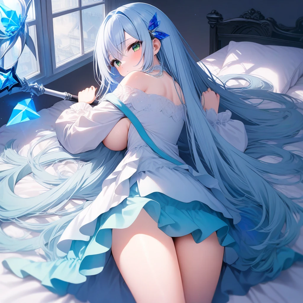 Long hair, light blue hair, yellow eyes, revealing outfit, white transparent lingerie, seductive sitting position, mid breasts