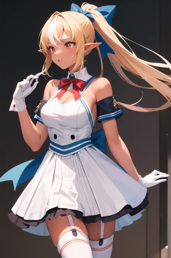 masterpiece, highest quality, High resolution, One girl, Shiranui Flare, Striped Hair, Multicolored Hair, Dark Skin, Long Hair, Blonde Hair, hair blue bow, Pointed Ears, alone, Side Lock, White gloves, Removable sleeves, Garter Straps, White knee socks, high ponytail, White Dress, Red eyes, Red bow tie, Gray Hair, Dark Elf, Long sleeve, Exposing shoulders, ponytail, Cowboy Shot, walk, From behind,