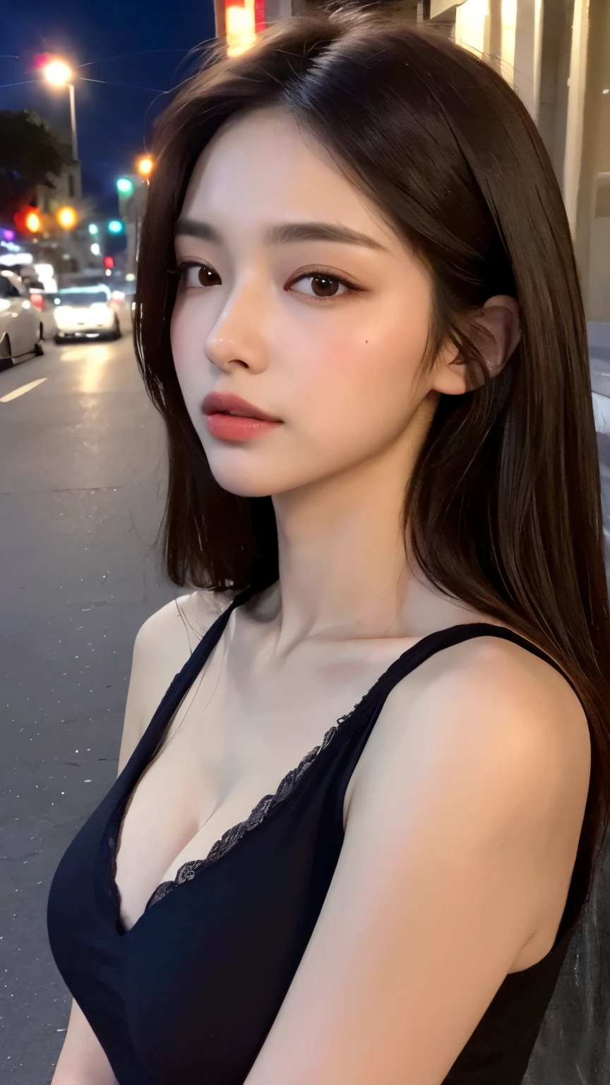 ((Realistic lighting, top quality, 8K, Masterpiece: 1.3)), Clear Focus: 1.2, 1 girl, Perfect Body Beauty: 1.4, Slim Abs: 1.1, ((Dark Brown Hair, Big: 1.3)), (Accelerate: 1.4), (Outdoor, Night: 1.1), Street, Ultra Slender Face, Fine Eyes, Double Eyelids, Exposed Cleavage, Incredibly Absurd, Messy Hair, Floating Hair,