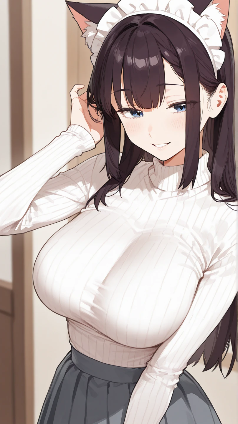 masterpiece, Highest quality, One girl, short ponytail、black hair、virgin killer sweater, (sweater dress:1.2), ribbed sweater,sideboob,cleavage cutout, turtleneck sweater,(broen sweater:1.3),(crop top navel:0.8)、sleeveless,gentle smile、Very sexy、upper body,from front,huge breasts