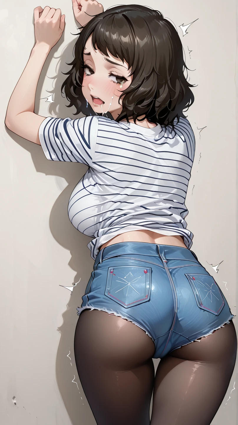 ((1 girl)), ((1 girl and 1 boy are having sex)), penis, 1 face, standing doggy style, (from behind), looking back, (girl in skinny tight navy jeans), (long jeans), (navy jeans), slim, slender, 17 years old, (short bob cut), ((black hair)), nose blush, full opened eyes, round mouth, drool, orgasm, (topless), ((pink nipple)), penis in pussy, cum in pussy, (((embarrassed))), hard sweat, big ass, ahegao, detailed face, blue eyes, pink apron, lean on wall, Asian, stick out ass