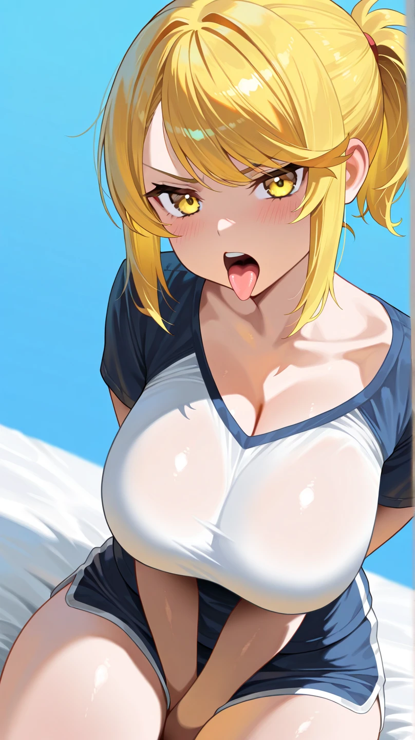 (nsfw,)(hachimiya meguru,blond hair,blue eyes,hairclip),((solo girl)),((Perfect body,))((Super beautiful,))((High quality,)), (sweaty,) (wet all over,), room at sunset,backlit,shiny glossy,gigantic breast,pov, Looking at Viewer,,((face focus,face CloseUP)),kissing,((incoming kiss,incoming hug,))(half open eyes,)(clear face,)kissing face,kissing mouth and lips,Pressing lips,saliva trail,((She has a pursed mouth)),nipples visible through clothes,open mouth,tongue out,arms open,((deepkiss,))