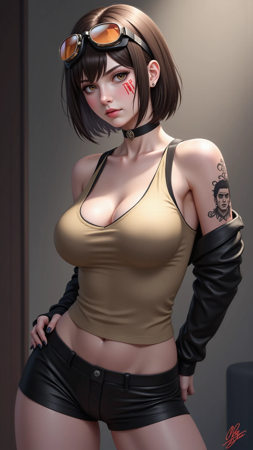 goth woman, (goth makeup), (white skin), (T-shirt and skinny mini shorts), (Show below ), (Fishnet tights), (belly button jewelry), (pierced ears), (Pierced Lips), blue eyes, short messy black emo hair, (bedroom background), thick thighs, medium breasts, (8K), (wallpaper), (dynamic lighting), (detailed face and eyes:1.2)、、(car passenger seat)