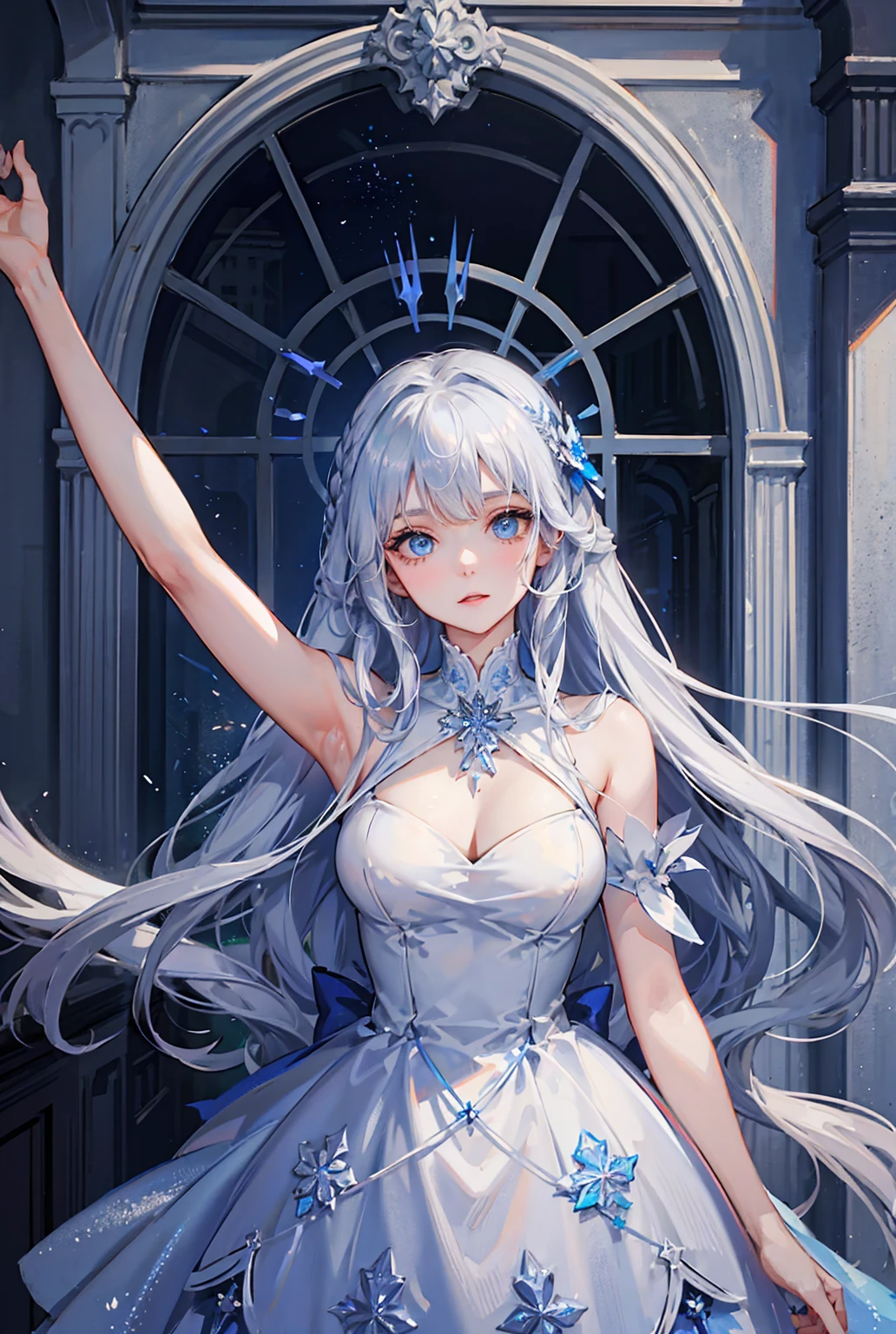 4K quality:1.2,1girl,sense of deps,disorganized,catch light,Super beautiful illustration,((White,long hairstyles:1.3)),dark dark eyeshadow,(((4k,super beautiful,In detail,blue eyes))),bright red lipstick,gothic lolita,;D,beautiful and delicate hair